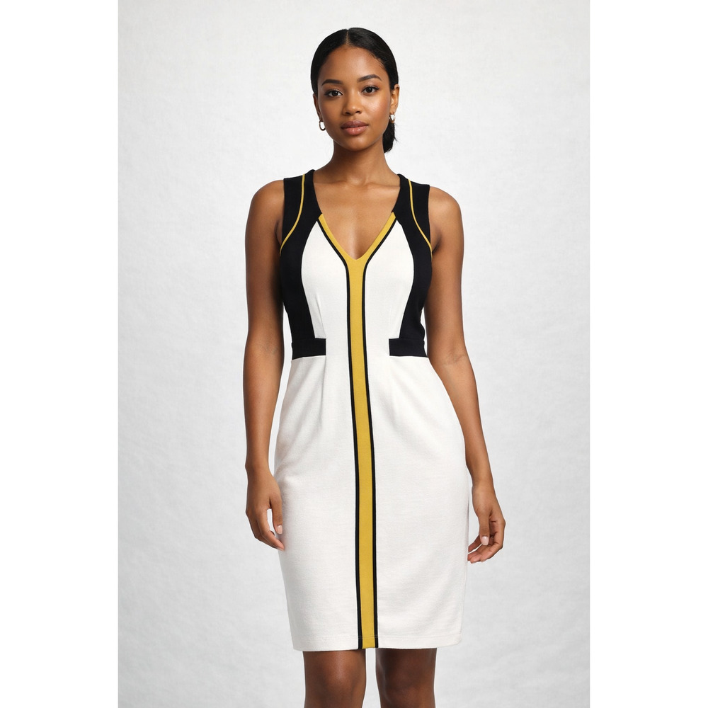 French Connection Colorblock Dress White Black Yellow V-Neck Size US 6